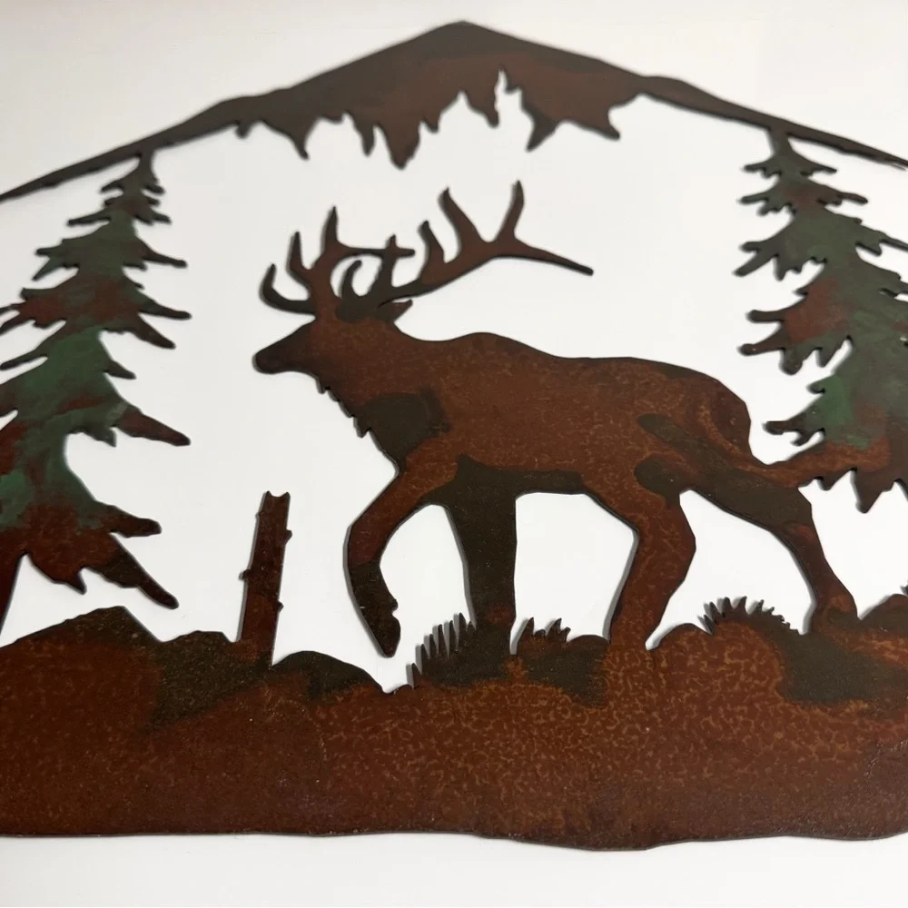 Rustic Elk Metal Wall Art with Trees and Mountains Rust-Finished